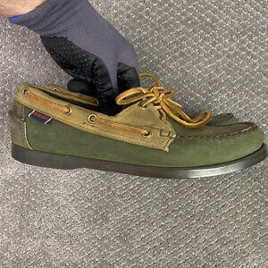 Filson Segago Docksides Shoes Mens 8 W Brown Green Boat Leather Canvas Tin Cloth